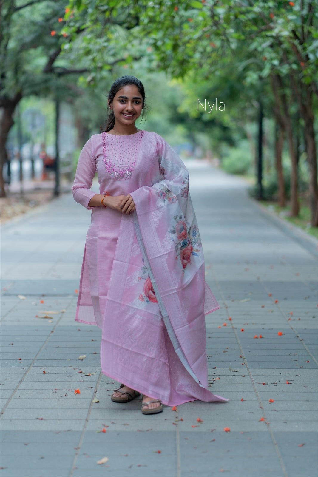 NY 420 Elegant tissue Kurti with  knoted embroidery on yoke and 3/4th sleeves