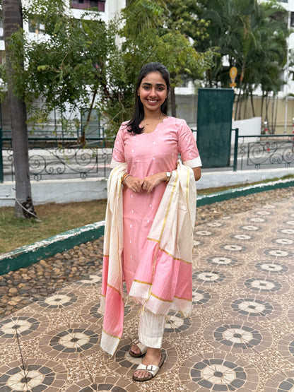 NY 476 Elegant  RawSilk  kurti with elbow sleeves and scallop detailings with kantha pant