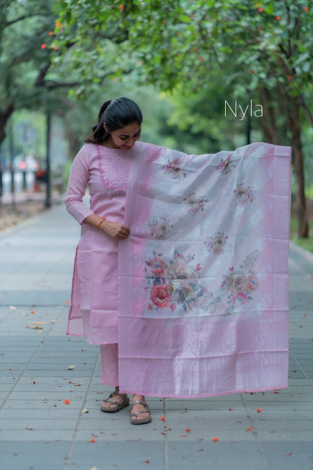 NY 420 Elegant tissue Kurti with  knoted embroidery on yoke and 3/4th sleeves