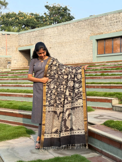 NY 518 Elegant Rawsilk with pure georgette kalamkari duppatta with elbow sleeves