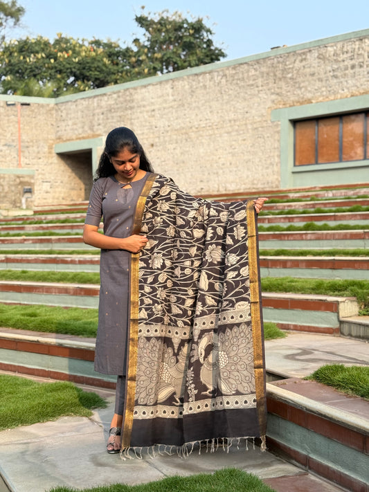 NY 518 Elegant Rawsilk with pure georgette kalamkari duppatta with elbow sleeves