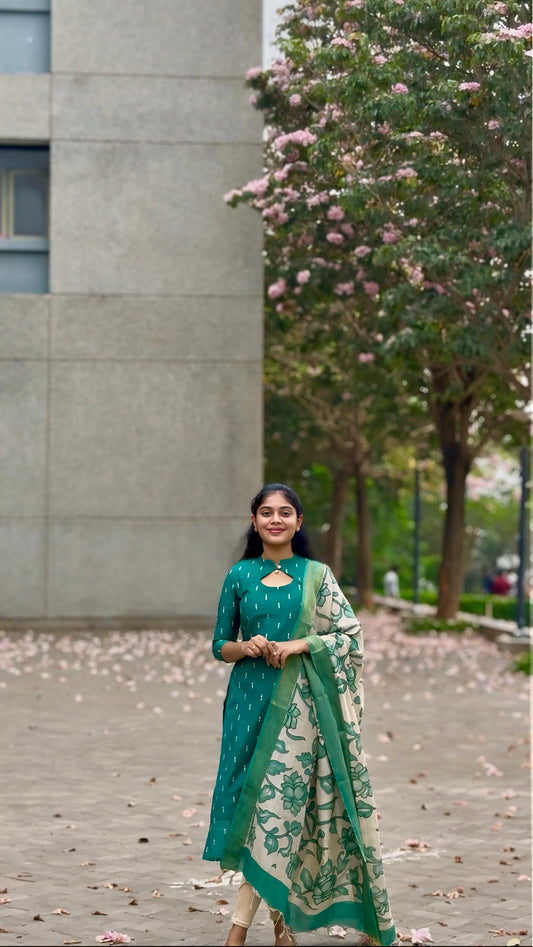 NY 519 Elegant Rawsilk with pure georgette kalamkari duppatta with 3/4th sleeves