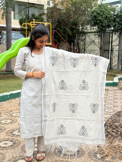 NY 480 Elegant Kadhi Cotton Kurti with embroidery on yoke and pant with 3/4th sleeves