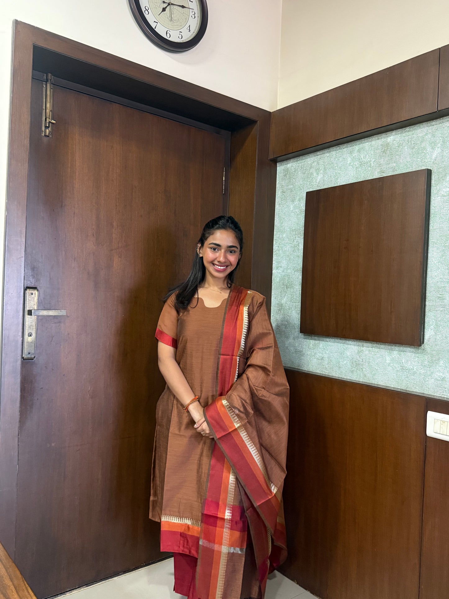 Elegant Pure Maheshwari silk kurti set with elbow sleeves