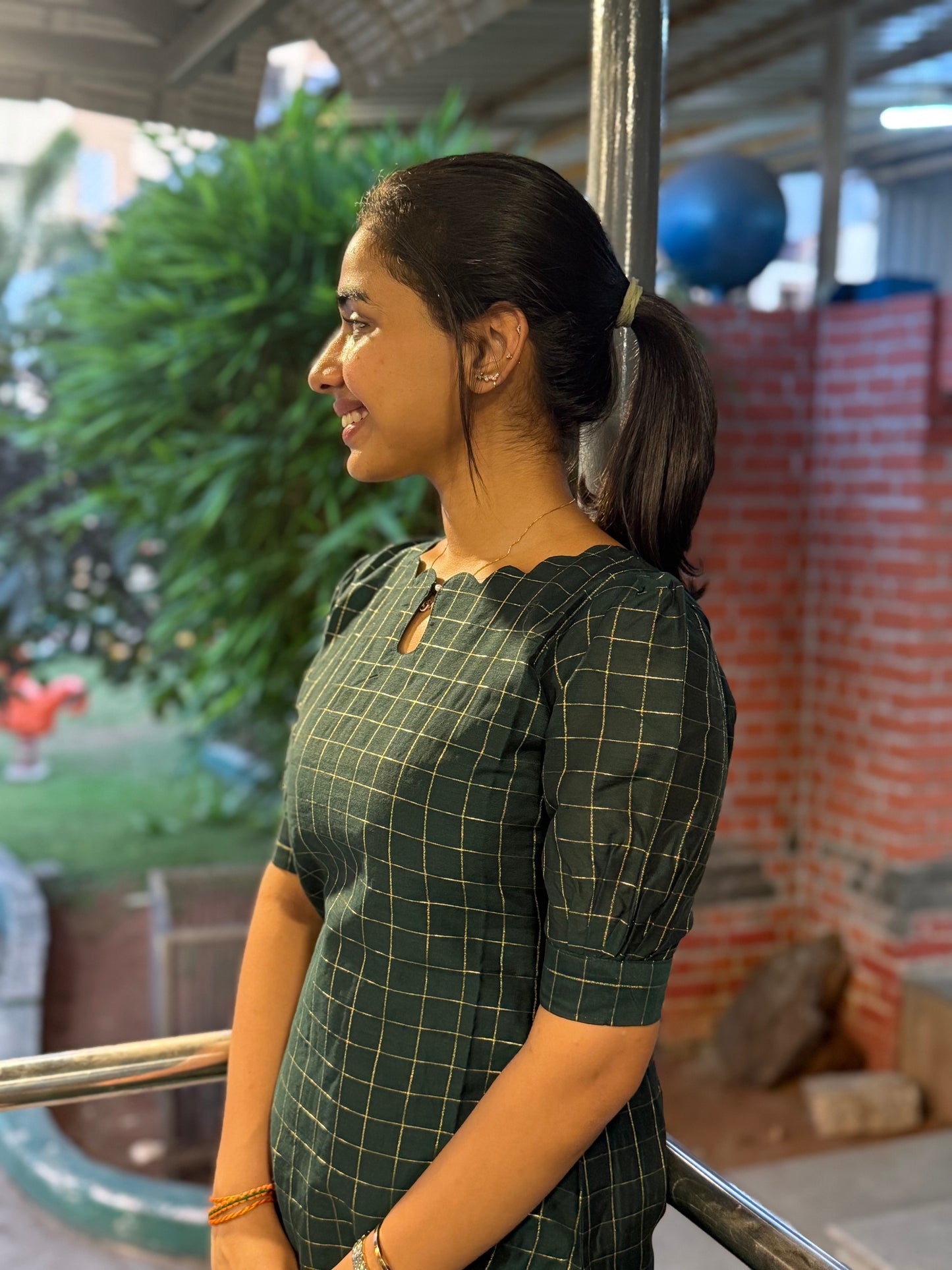 NY 492 Elegant Rawsilk Kurti with golden checks, scallop neck with elbow puff sleeves