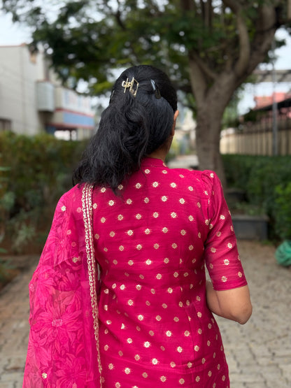 NY 527 Elegant Dola silk set with organza duppatta with elbow puff sleeves