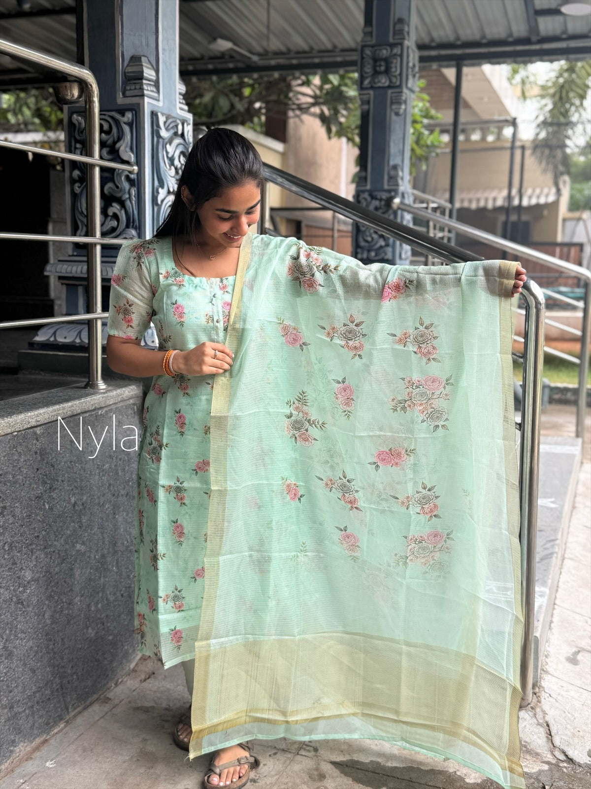 NY 459 Elegant Kota Cotton with digital print and elbow puff sleeves with Kota Doria duppatta