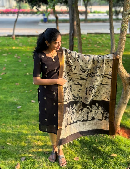 NY 535 Elegant Rawsilk kurti with kalamkari duppatta and elbow sleeves