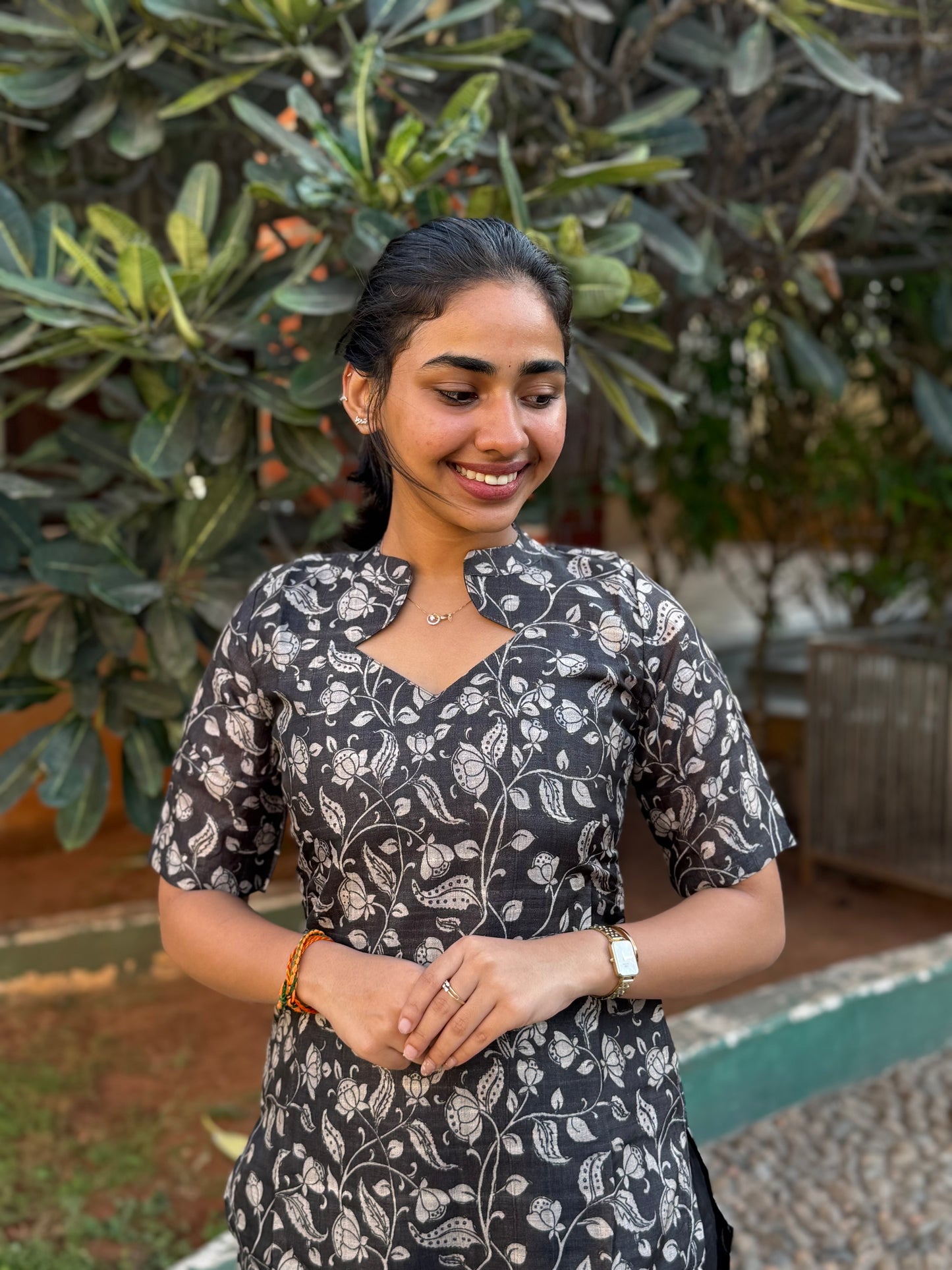 NY 489 Elegant Tussar Kalamkari silk Kurti with Kalamkari duppatta and elbow sleeves