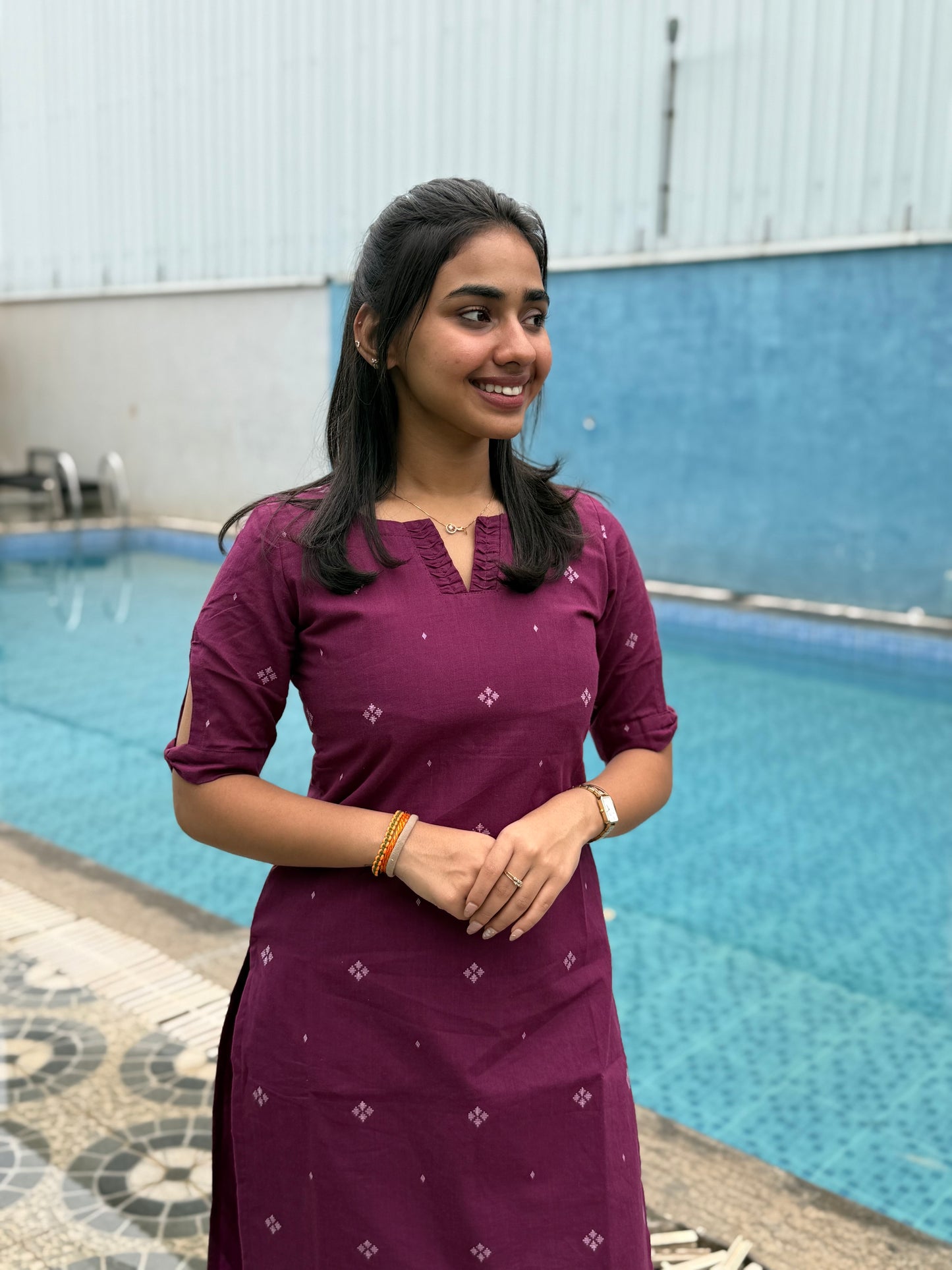 NY 477 Elegant pure handloom cotton set with neck detailings and bow sleeves