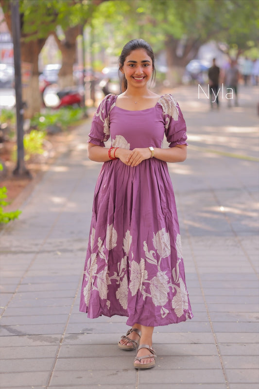 NY 409  Elegant Pure cotton maxi with elastic on shoulder and elastic puff sleeves