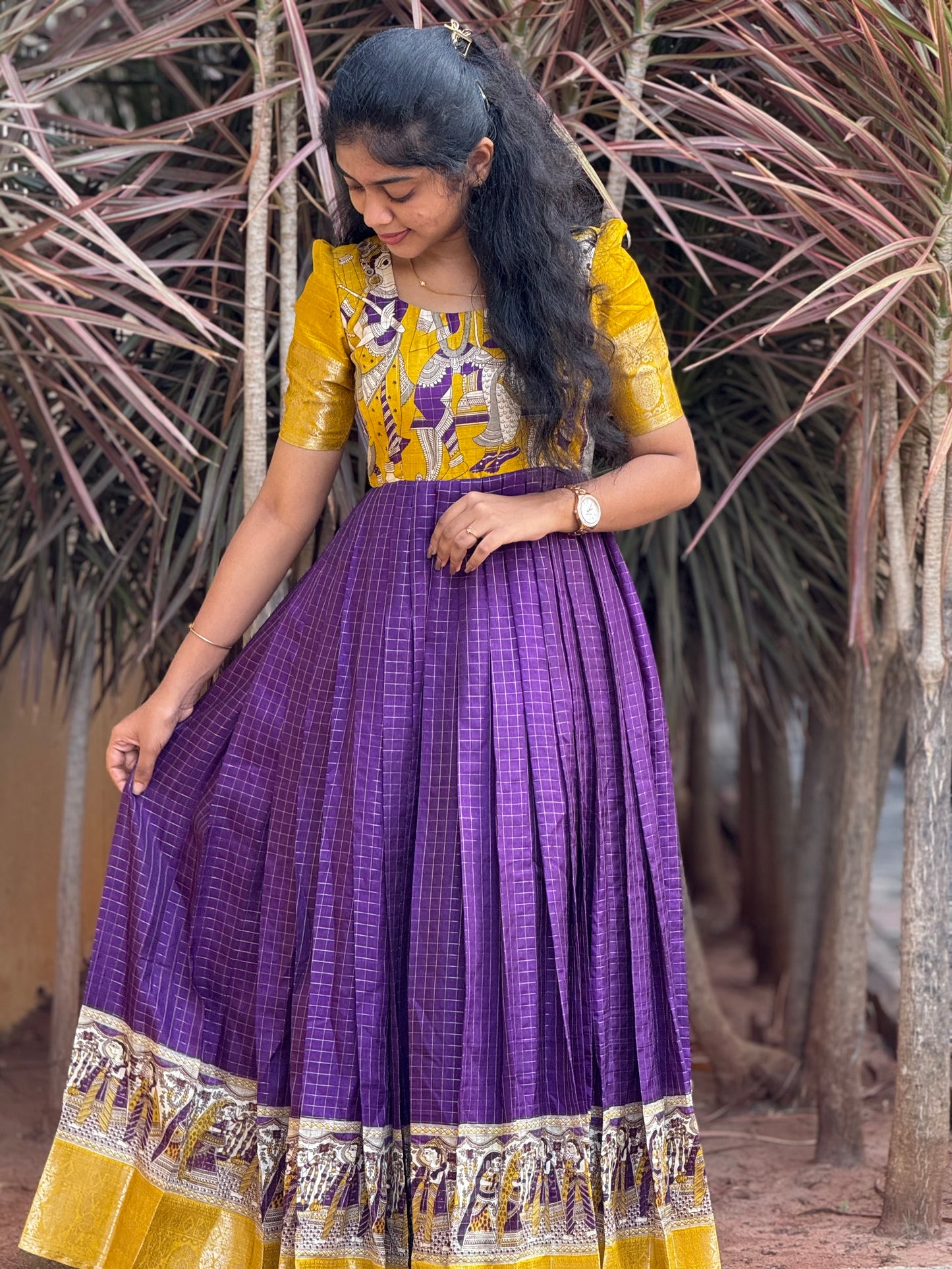 NY 512 Elegant Dola silk skirt material with kalamkari silk top with elbow puff sleeves