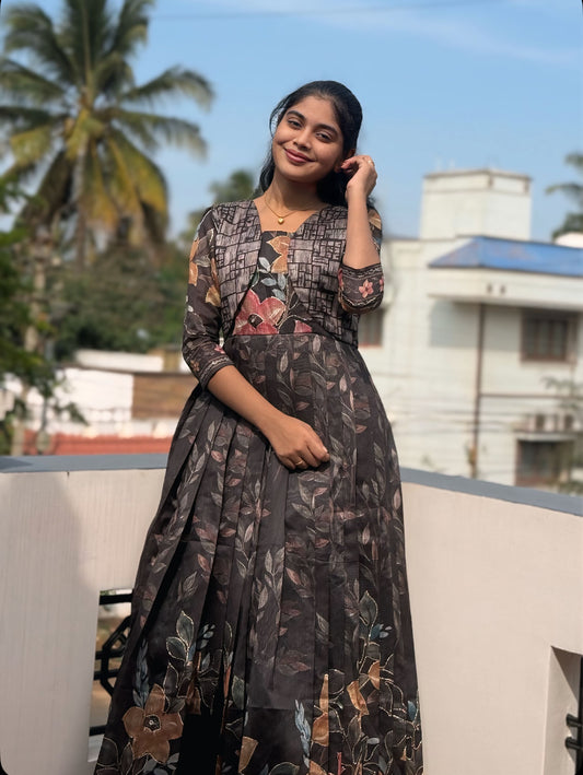 NY 525 Elegant Organza embroidered maxi with sleeveless detachable overcoat with 3/4th sleeves