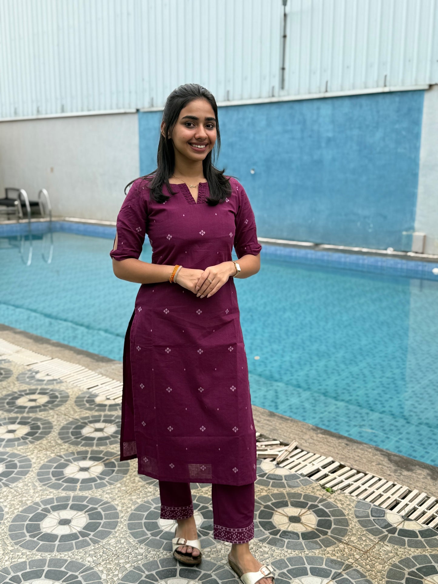 NY 477 Elegant pure handloom cotton set with neck detailings and bow sleeves