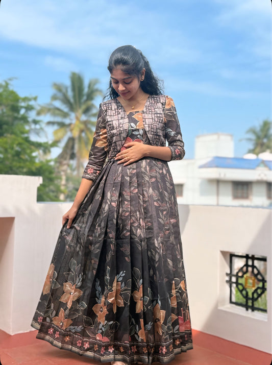 NY 525 Elegant Organza embroidered maxi with sleeveless detachable overcoat with 3/4th sleeves