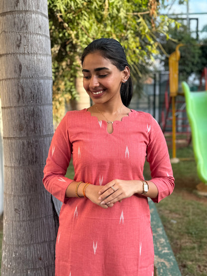Elegant Handblock Ikkat cotton set with 3/4th sleeves and scallop neck with kota duppatta