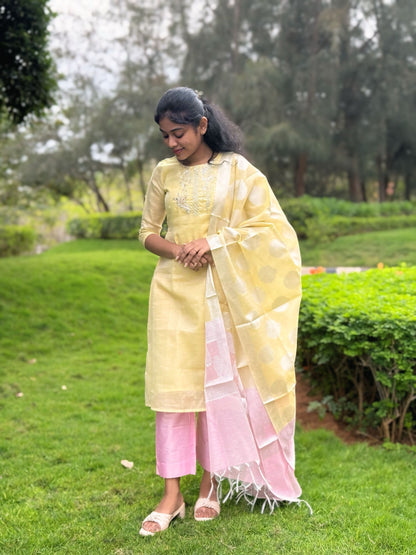 Ny 515 Elegant Tissue silk top with linen look and 3/4th sleeves with beautiful hand embroidery on yoke