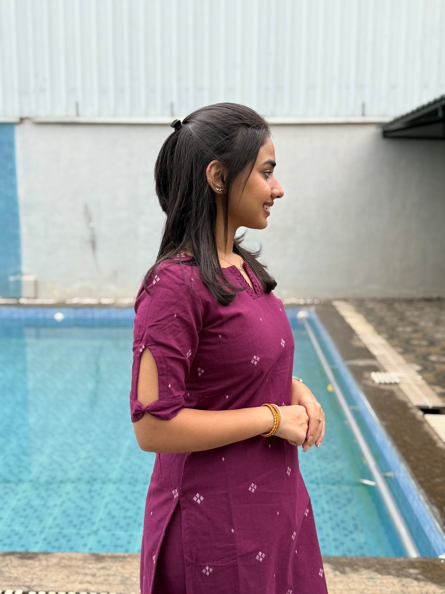 NY 477 Elegant pure handloom cotton set with neck detailings and bow sleeves