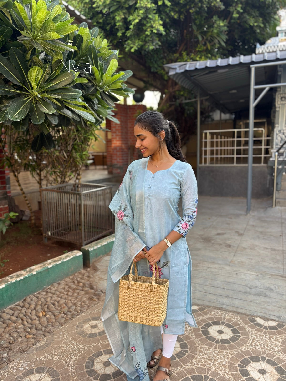 NY 431 Elegant Linen Cotton Kurti with 3/4th sleeves and neck detailings with potli buttons