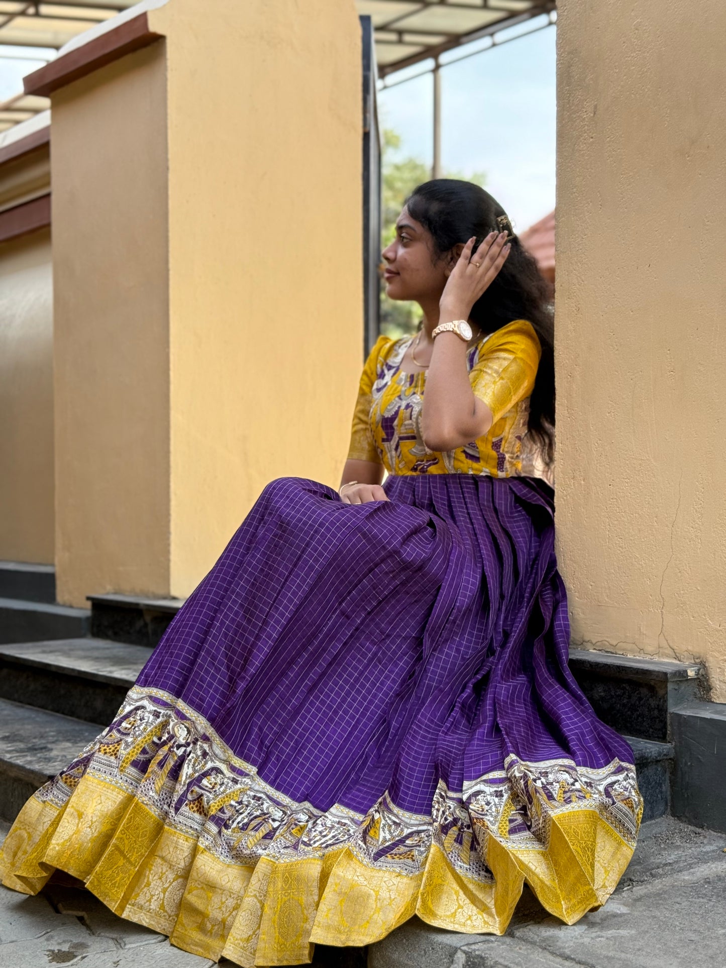 NY 512 Elegant Dola silk skirt material with kalamkari silk top with elbow puff sleeves