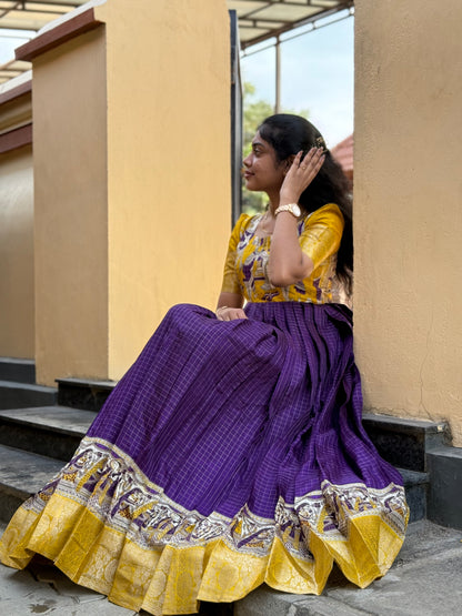 NY 512 Elegant Dola silk skirt material with kalamkari silk top with elbow puff sleeves