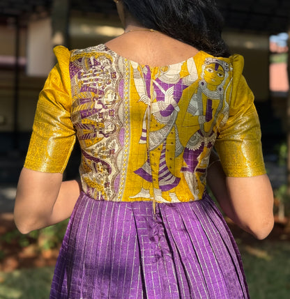 NY 512 Elegant Dola silk skirt material with kalamkari silk top with elbow puff sleeves