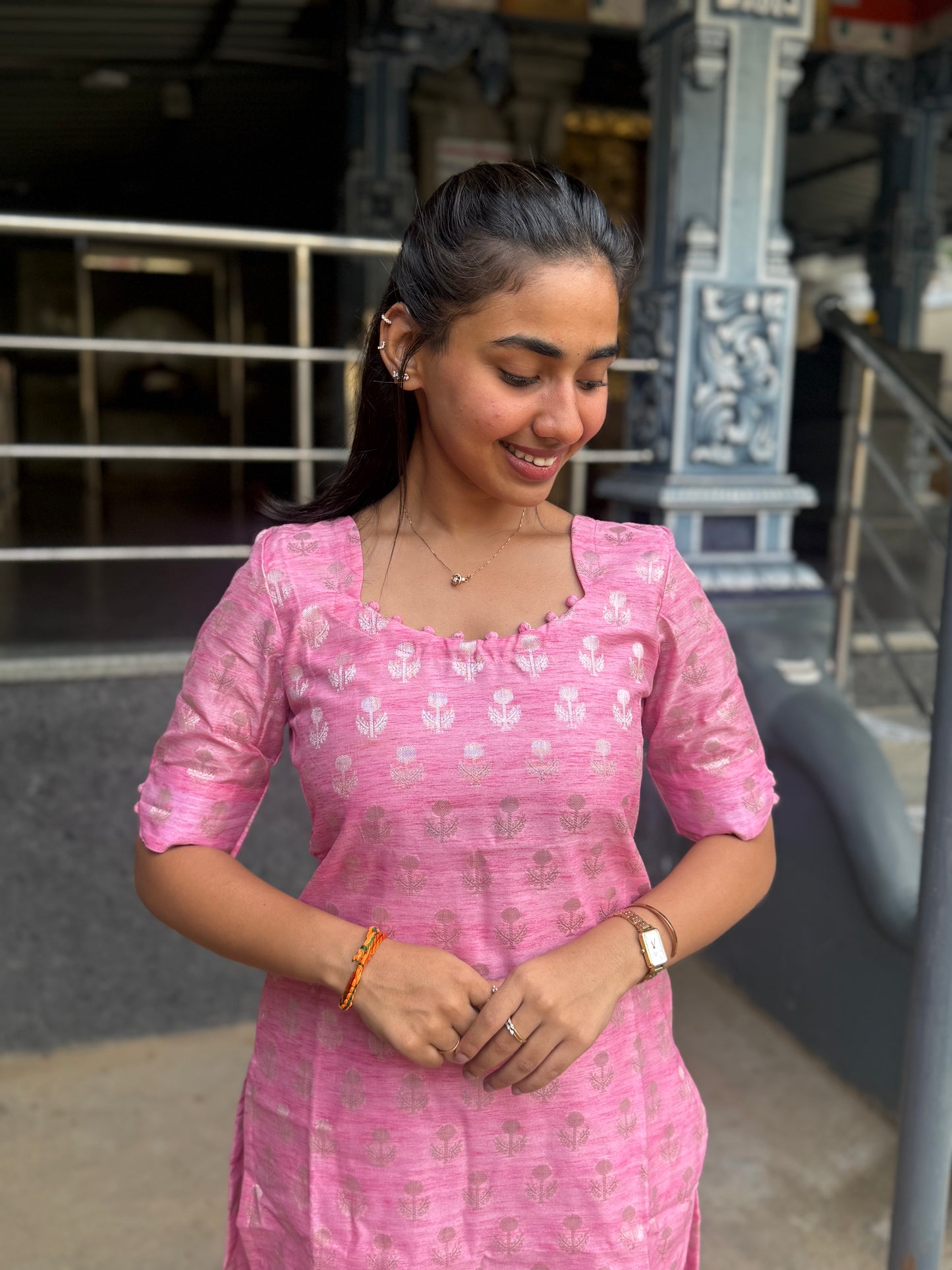 Elegant Pure Banaras kurti set with duppatta and elbow sleeves with potli button detailings