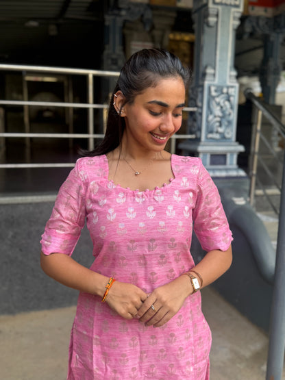 Elegant Pure Banaras kurti set with duppatta and elbow sleeves with potli button detailings