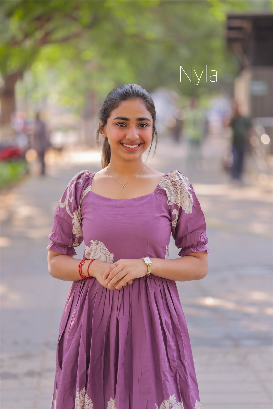 NY 409  Elegant Pure cotton maxi with elastic on shoulder and elastic puff sleeves