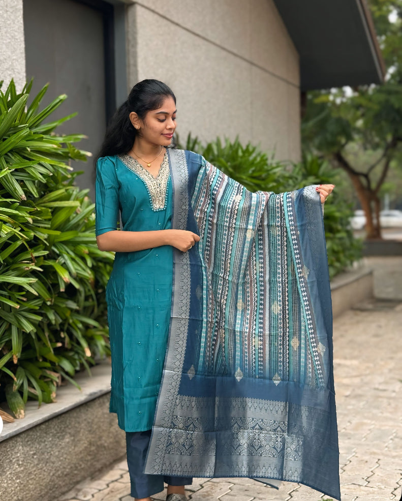 NY 526 Elegant Dola silk set with dola silk duppatta with elbow puff sleeves