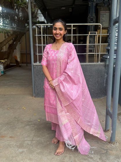 Elegant Pure Banaras kurti set with duppatta and elbow sleeves with potli button detailings