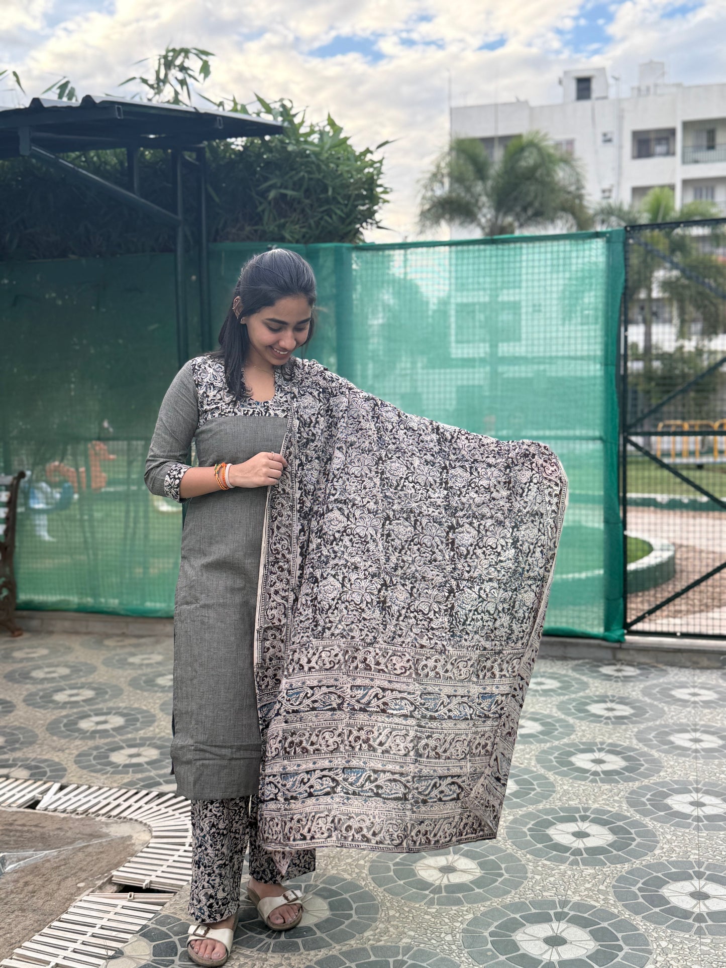NY 468 Elegant Cotton Kurti with kalamkari patch on neck and sleeves with kalamkari parallel pant and duppatta