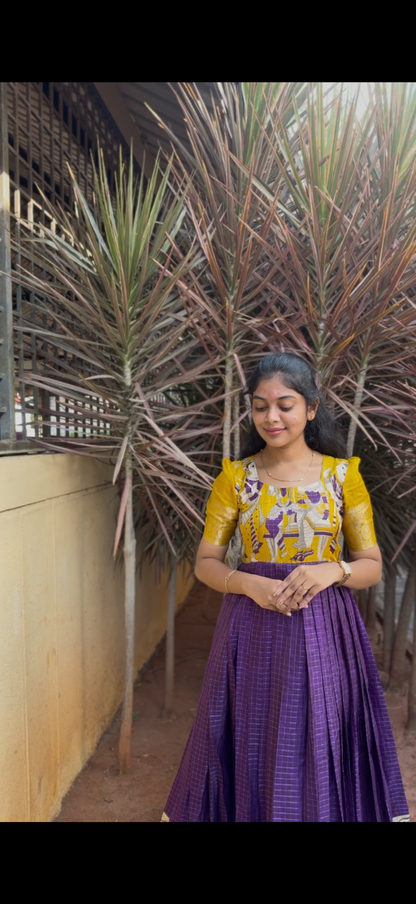 NY 512 Elegant Dola silk skirt material with kalamkari silk top with elbow puff sleeves