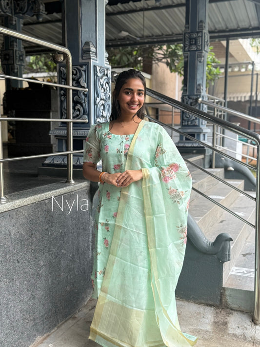 NY 459 Elegant Kota Cotton with digital print and elbow puff sleeves with Kota Doria duppatta