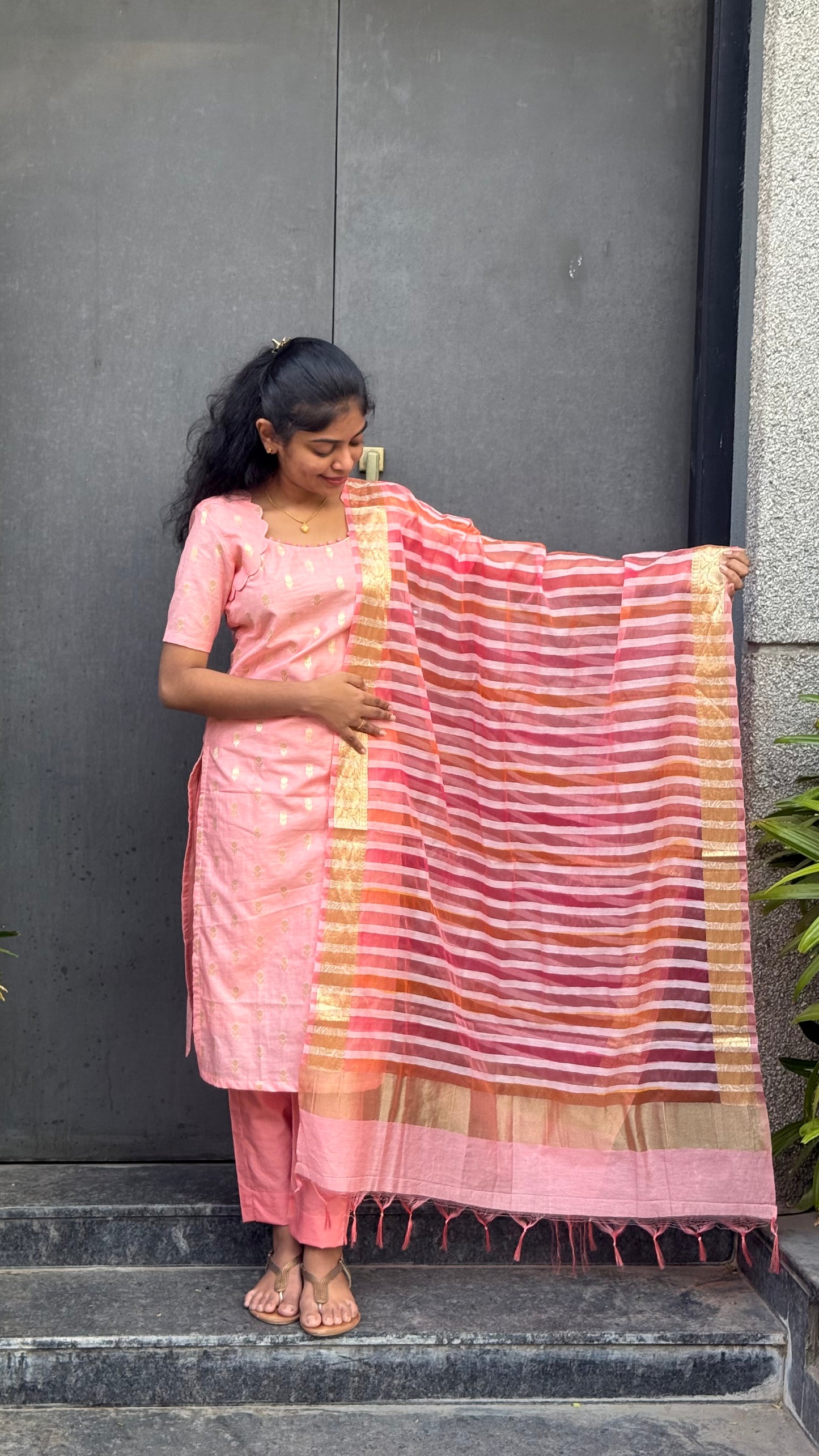 NY 534 Elegant Chanderi kurti with potli buttons on neck with jacquard Duppatta and elbow sleeves