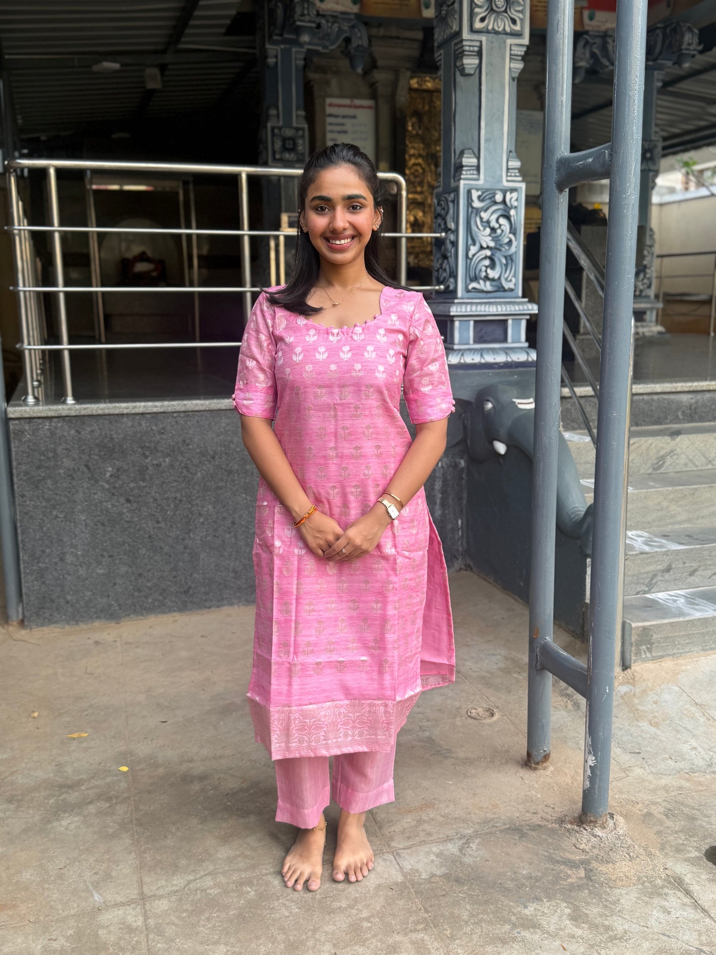 Elegant Pure Banaras kurti set with duppatta and elbow sleeves with potli button detailings