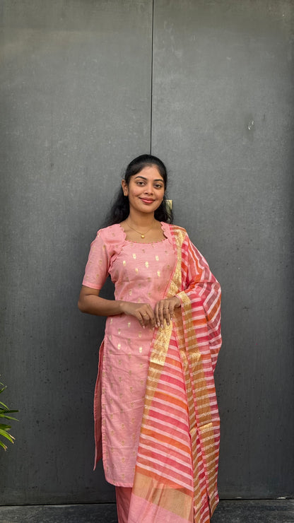 NY 534 Elegant Chanderi kurti with potli buttons on neck with jacquard Duppatta and elbow sleeves