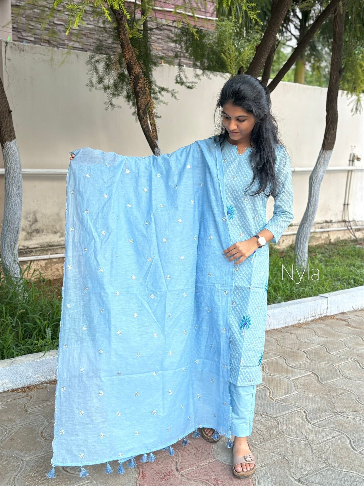 Ny 428 Elegant Bananas Cotton Kurti with Mul cotton duppatta with 3/4th sleeves