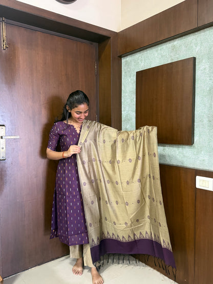 Elegant  RawSilk  kurti set with duppatta and elbow sleeves