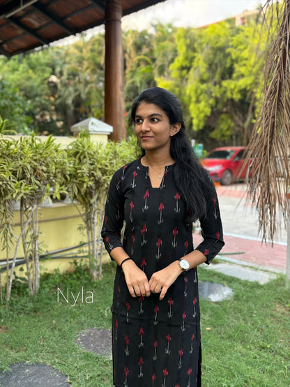 Ny 430 Elegant Cotton ikkat print Kurti with kalamkari pant,duppatta with 3/4th sleeves