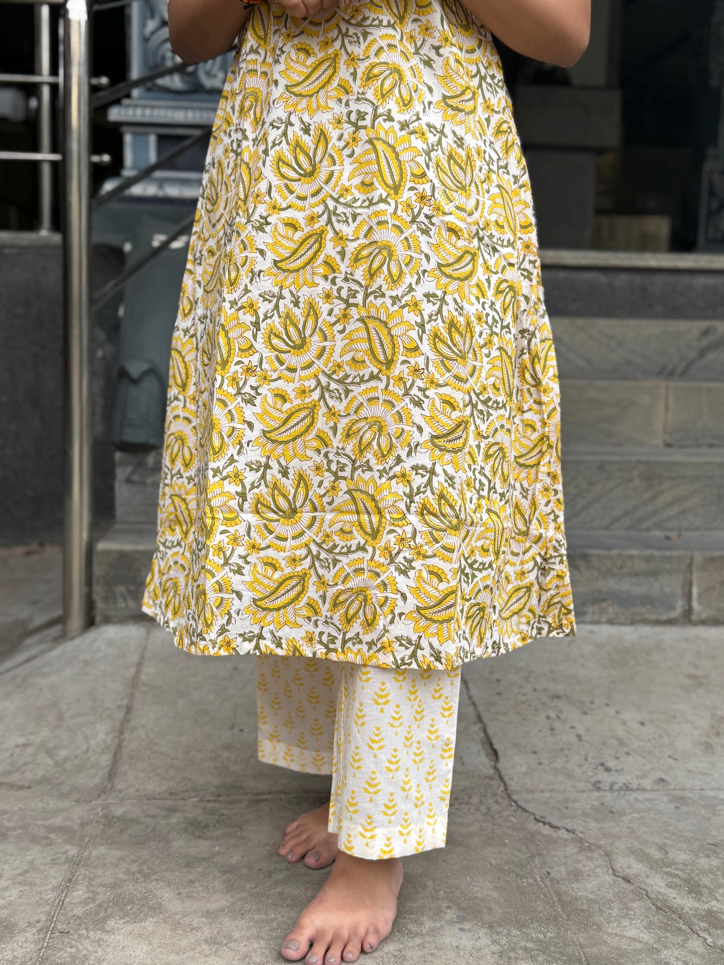NY 469 Elegant Handblock cotton A-line Kurti with chiffon duppatta