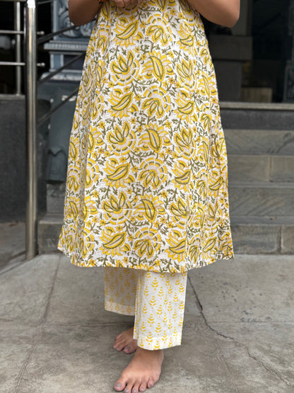 NY 469 Elegant Handblock cotton A-line Kurti with chiffon duppatta
