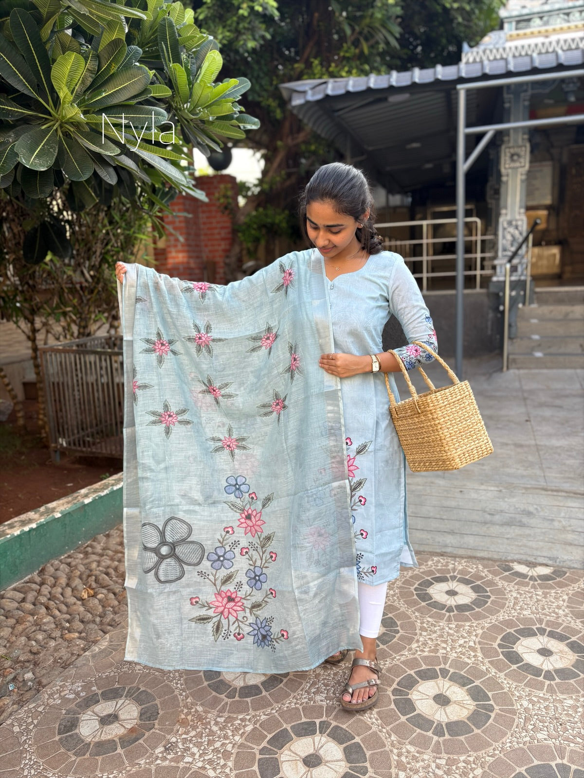 NY 431 Elegant Linen Cotton Kurti with 3/4th sleeves and neck detailings with potli buttons