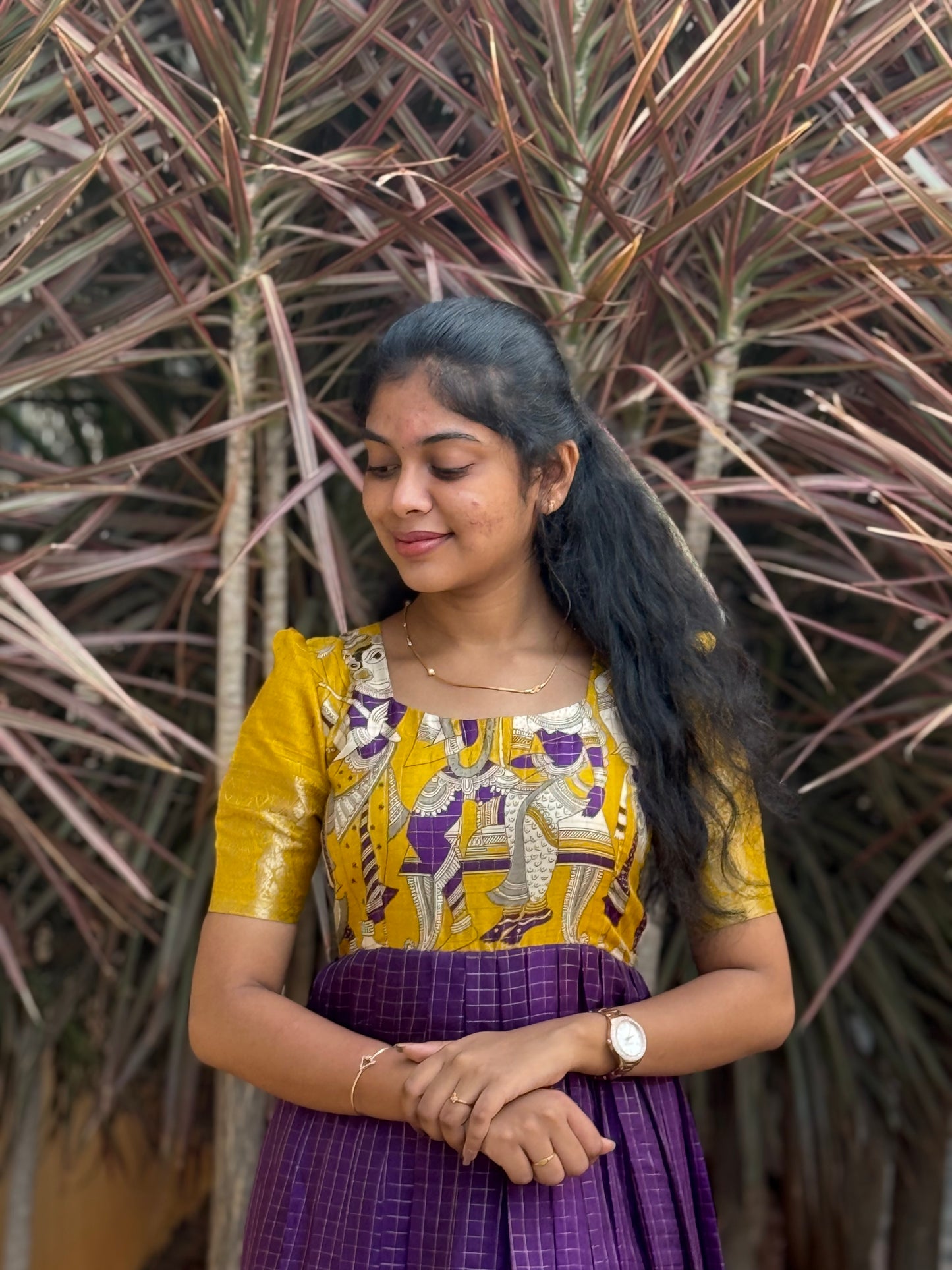 NY 512 Elegant Dola silk skirt material with kalamkari silk top with elbow puff sleeves