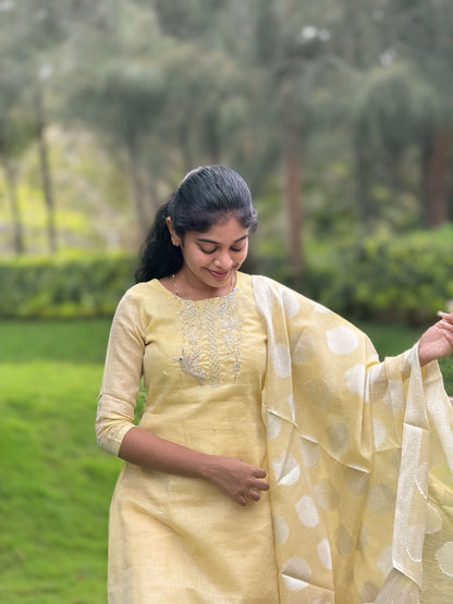 Ny 515 Elegant Tissue silk top with linen look and 3/4th sleeves with beautiful hand embroidery on yoke