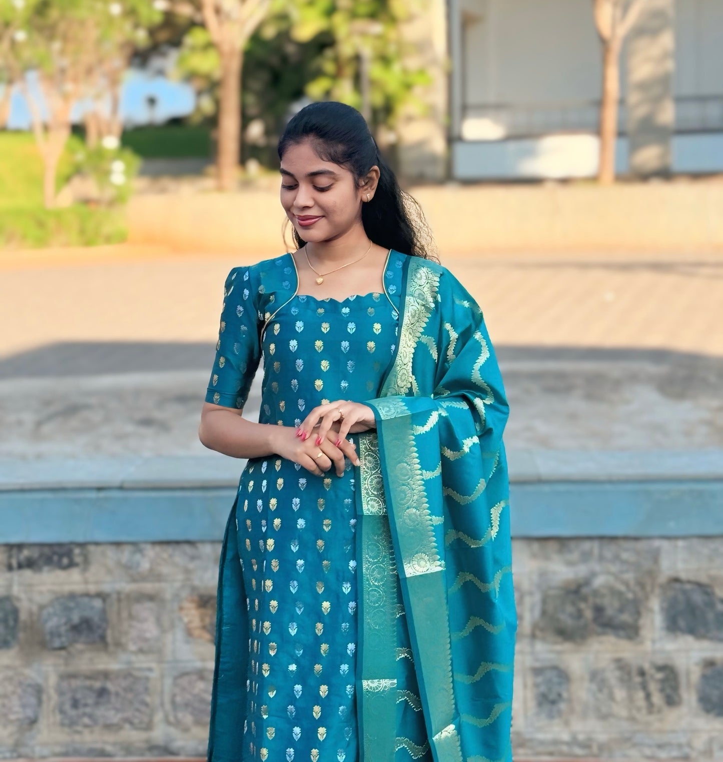 NY 521 Elegant Rawsilk with silk  duppatta and elbow puff sleeves