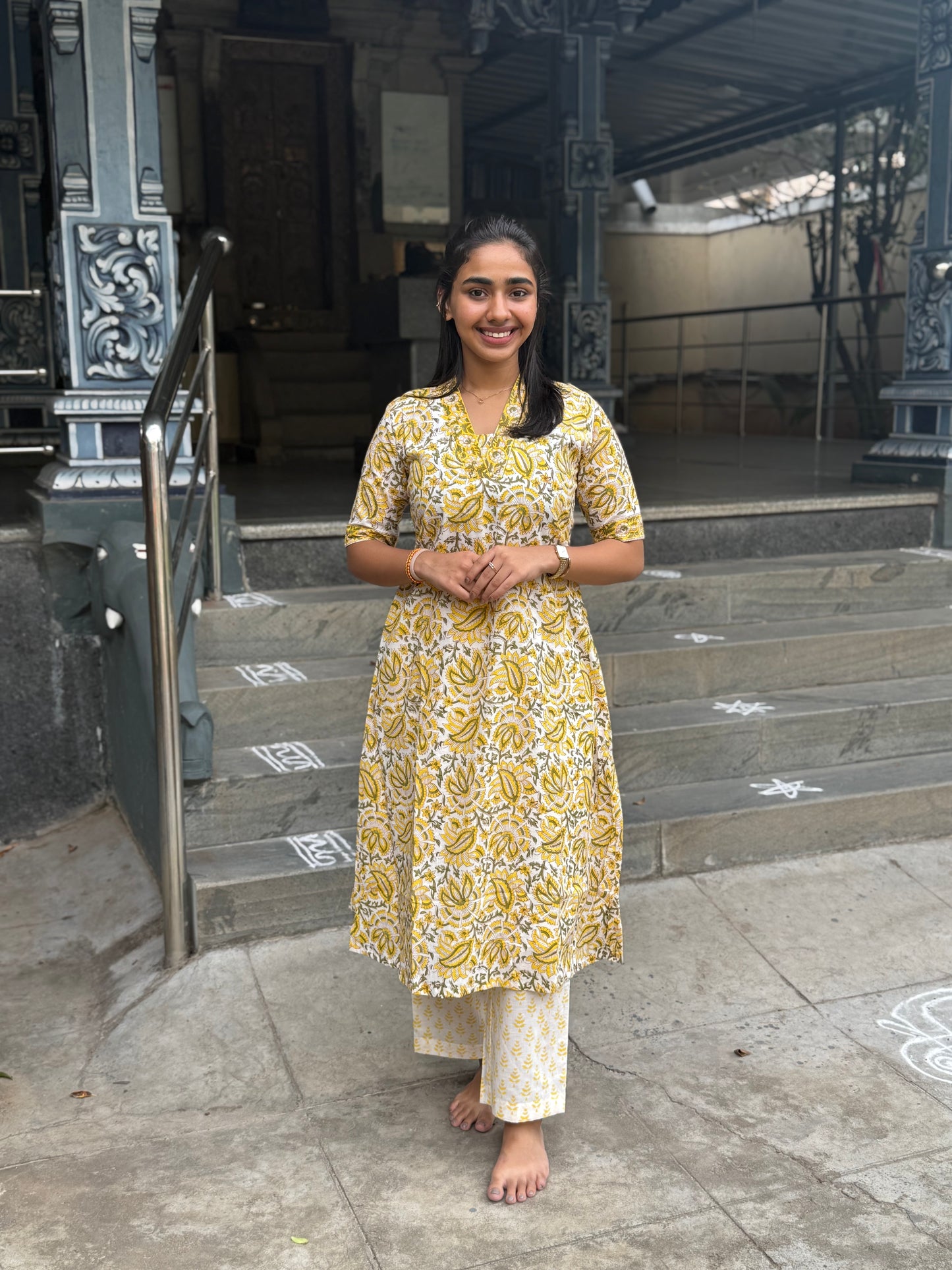 NY 469 Elegant Handblock cotton A-line Kurti with chiffon duppatta