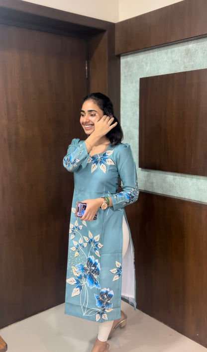 Elegant Linen Cotton kurti with 3/4th puff sleeves