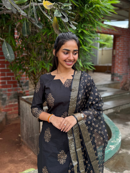 NY 470 Elegant Handblock Cotton  Kurti with Organza duppatta