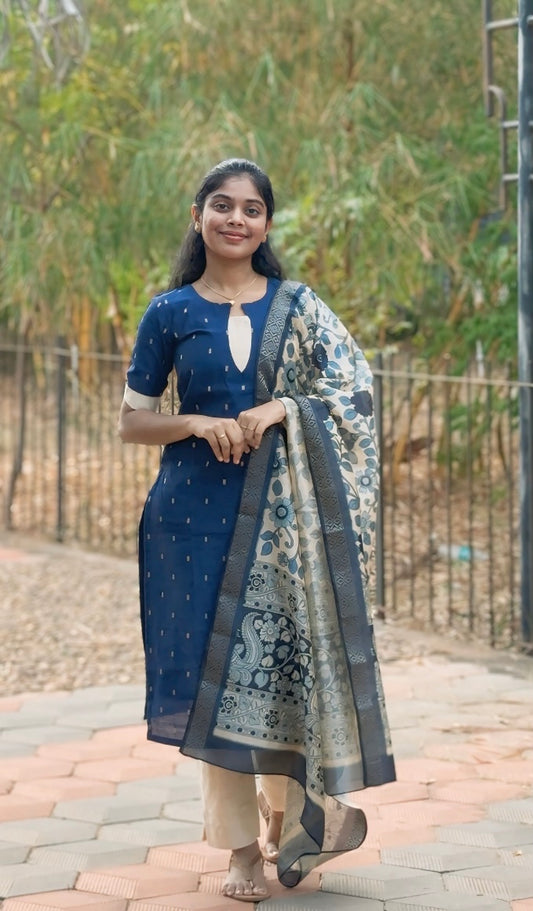 NY 529 Elegant Rawsilk kurti with  elbow  sleeves  with kalamkari silk duppatta